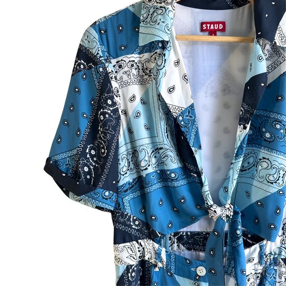 STAUD Giorgiana Tie‑Front Cutout Midi Dress – Blue Bandana Print – Size US 8 - Picture 6 of 11